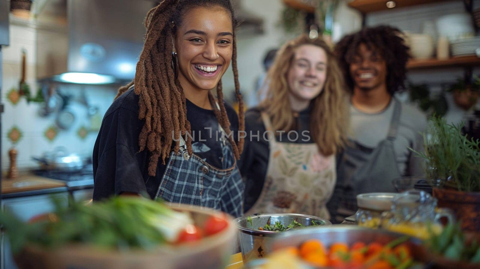 Three diverse mixed race vegan friends are smiling and laughing while preparing food in a kitchen by verbano