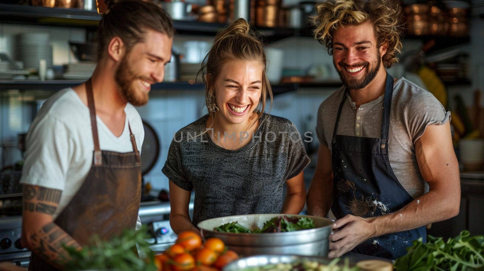 Three people are smiling and laughing while preparing food in a kitchen. The kitchen is filled with various plants and fruits, including oranges and green vegetables. The atmosphere is cheerful AI generated