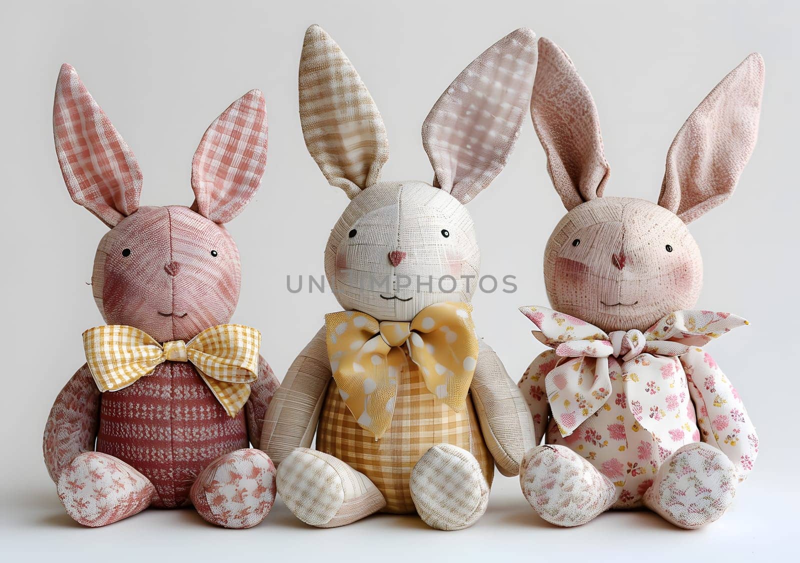 Three white stuffed bunny rabbits with pink ears are sitting next to each other in a photo. The fluffy toys have a fawn pattern on their bodies, resembling real rabbits and hares
