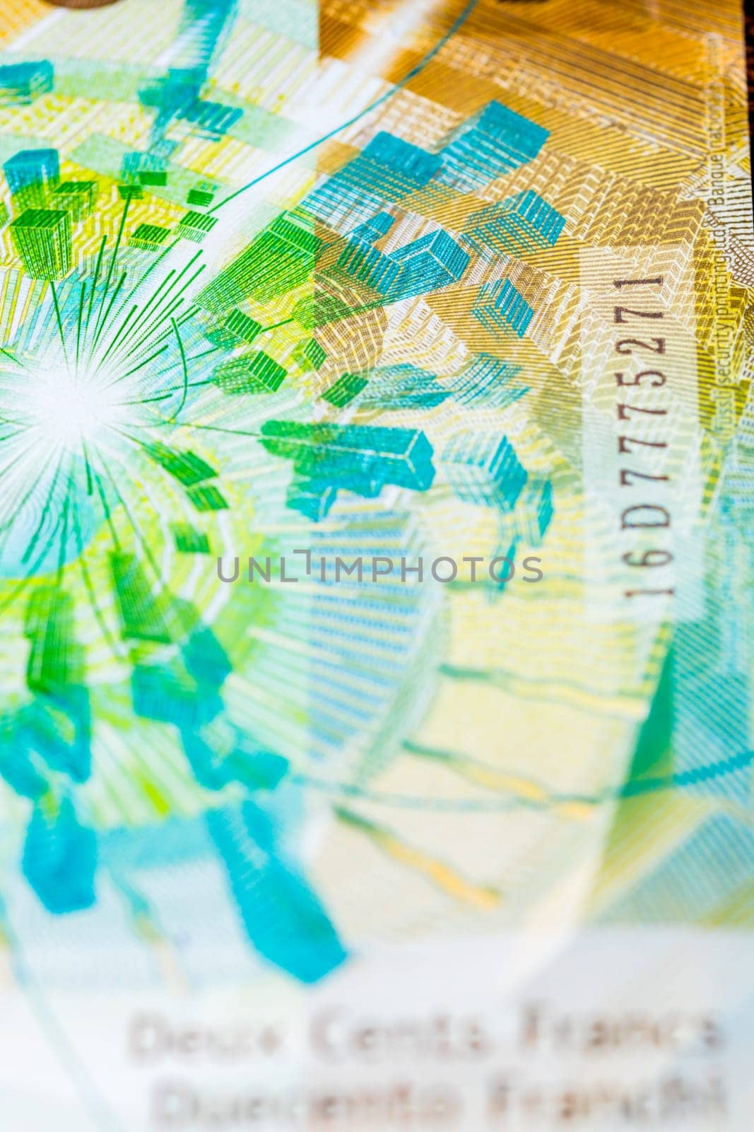 CHF money banknotes, detail photo of swiss franc. Swiss Franc currency