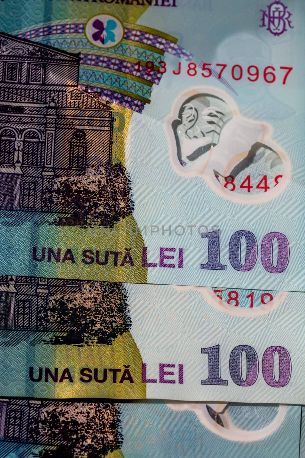 LEI money banknotes, detail photo of RON. Romanian currency