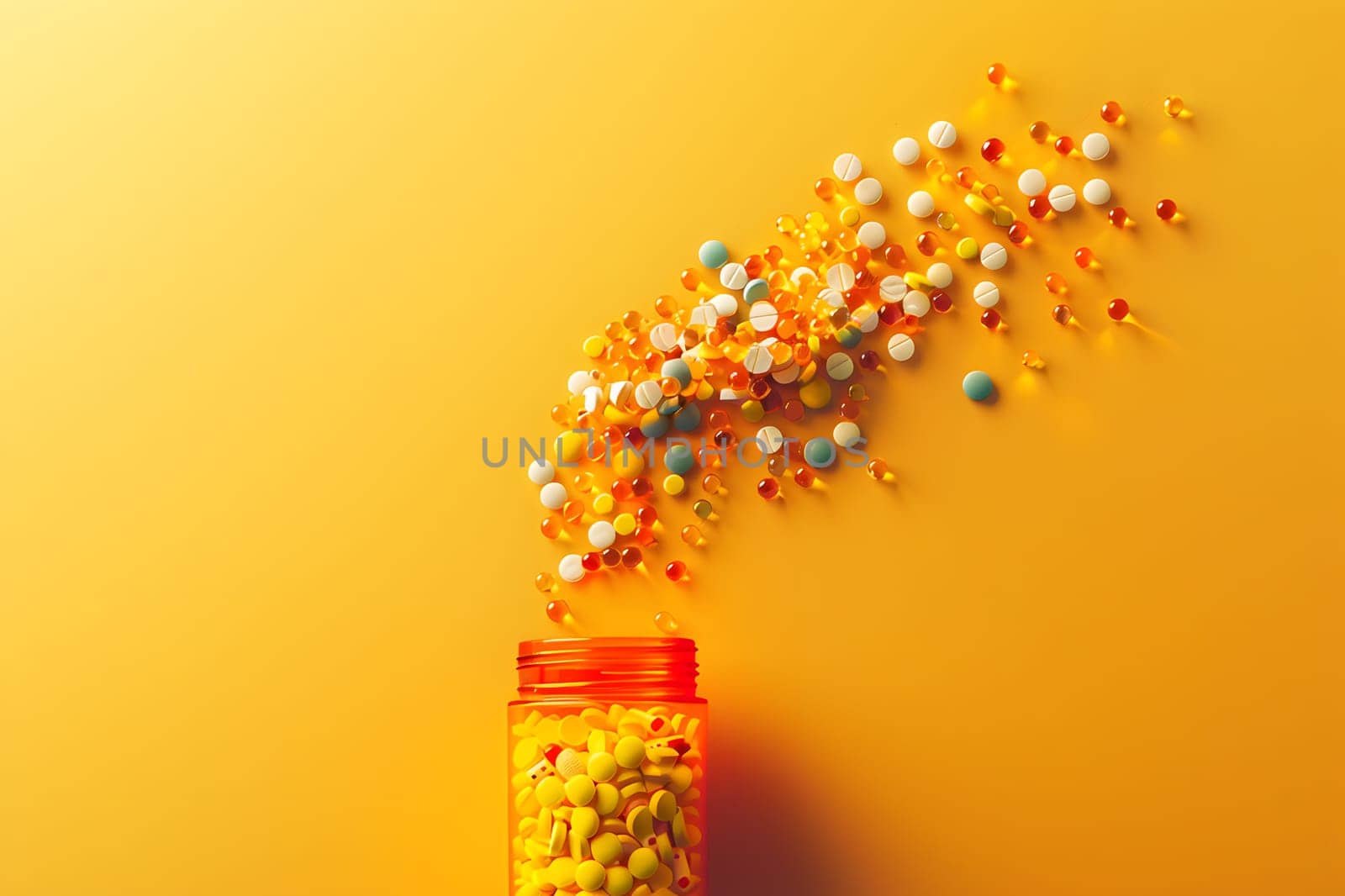 An amber bottle of pills spilling liquid out on a yellow background, resembling a flower. The macro photography captures the beauty of the orange pills and the art of the plantinspired body jewelry