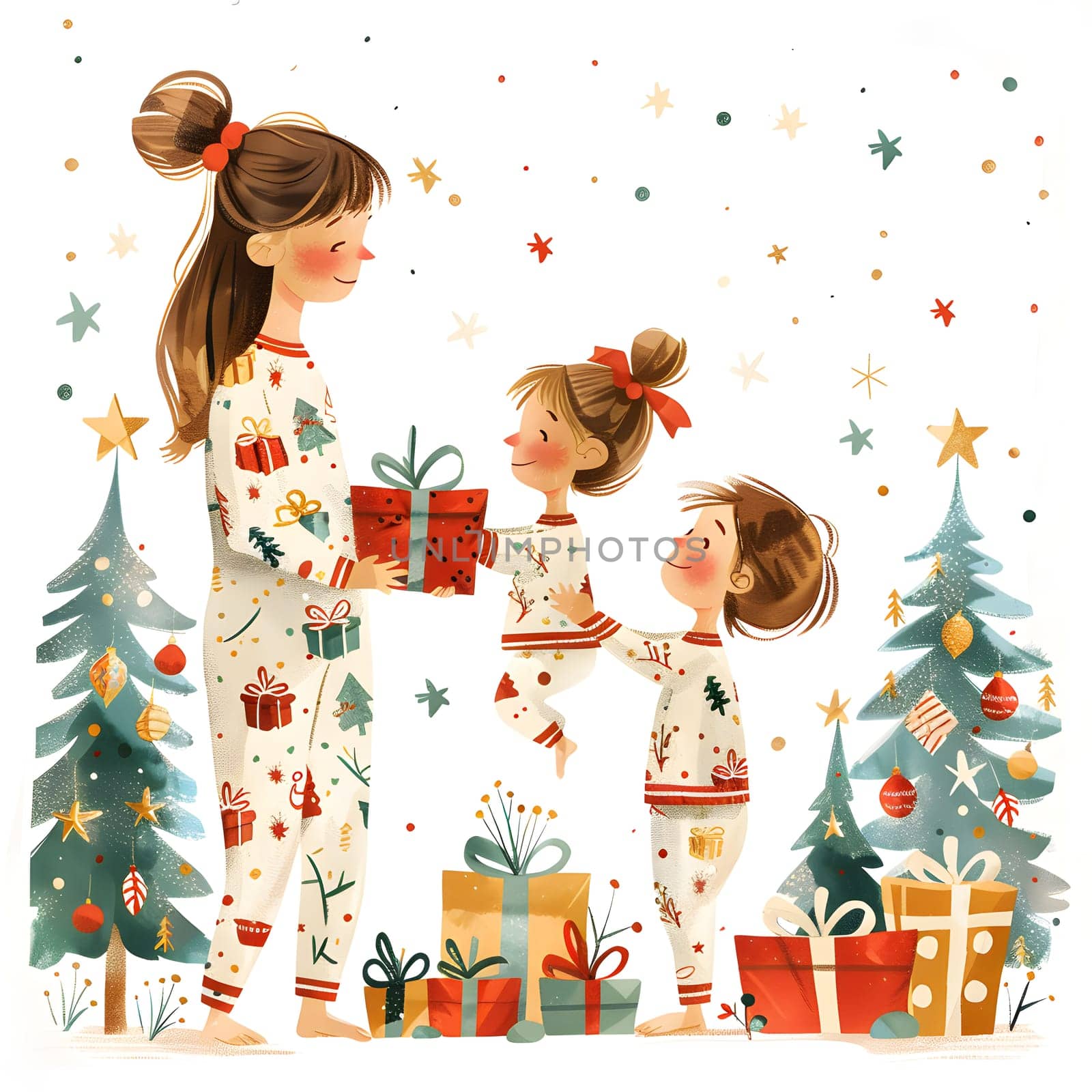 A woman and two children with presents by a Christmas tree by Nadtochiy