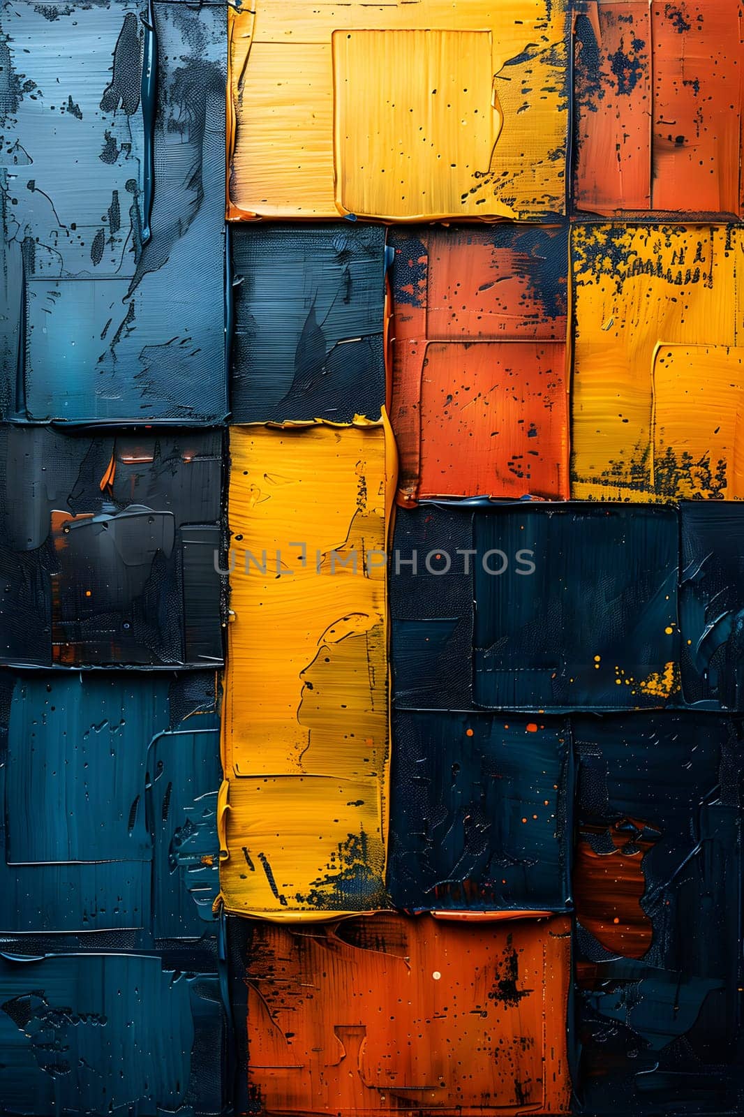 A variety of colorful rectangles, including brown, orange, amber, and electric blue, are stacked to create an artistic fixture with tints and shades of yellow paint