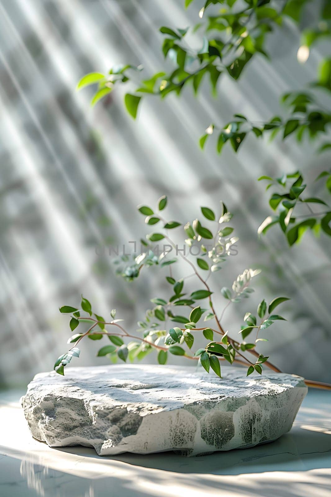 Plant growing out of stone podium, surrounded by grass and twigs by Nadtochiy