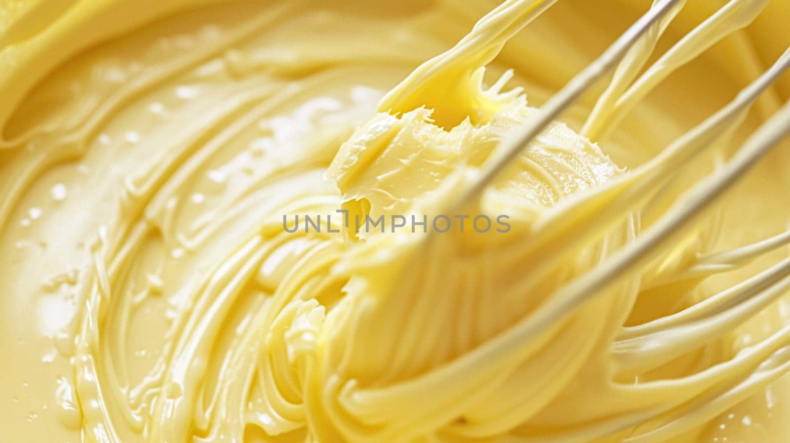 Whisk in bowl with creamy yellow batter, butter or custard, homemade baking and traditional food, country life