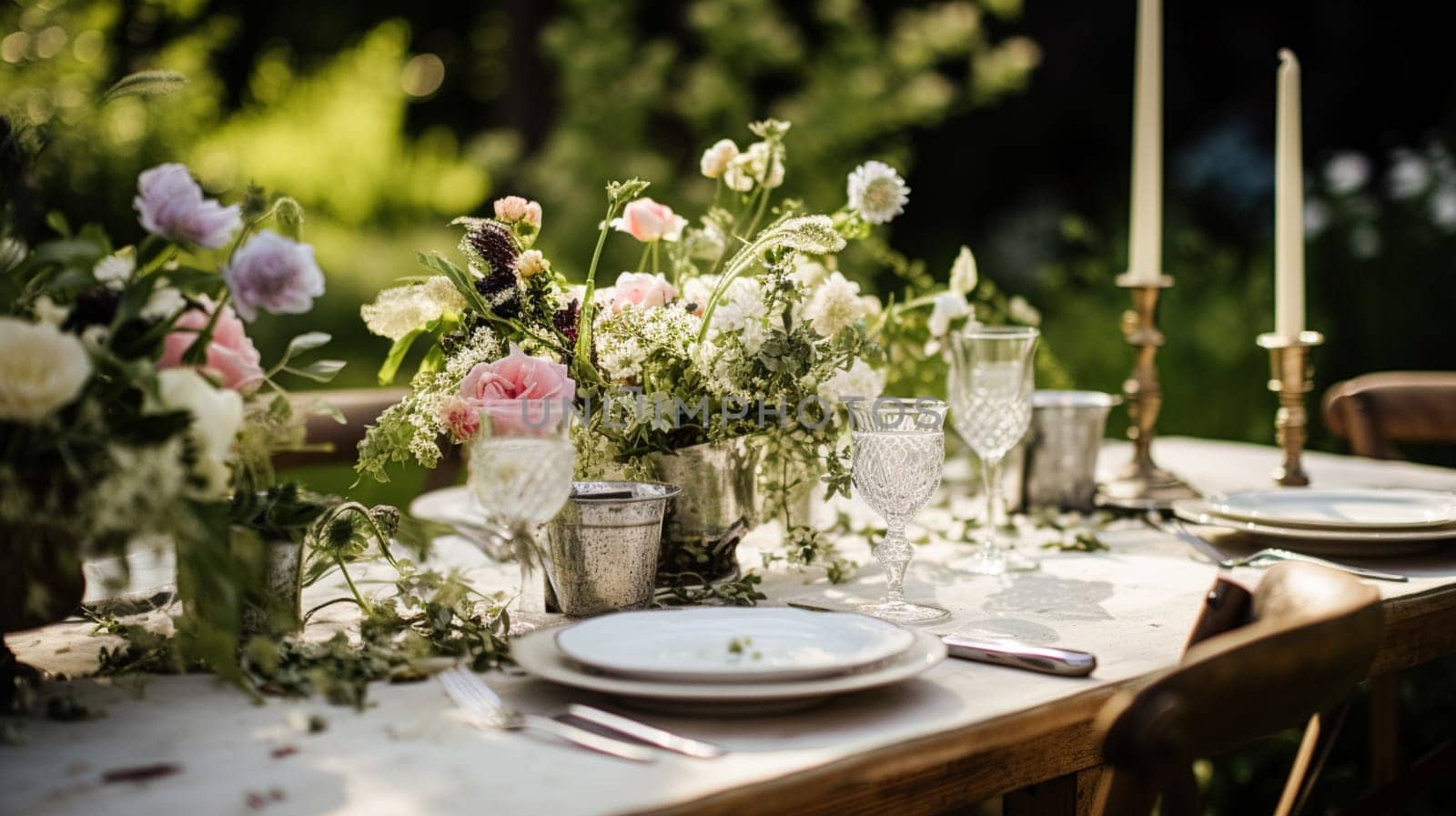 Table decor, holiday tablescape and dinner table setting in countryside garden, formal event decoration for wedding, family celebration, English country and home styling inspiration