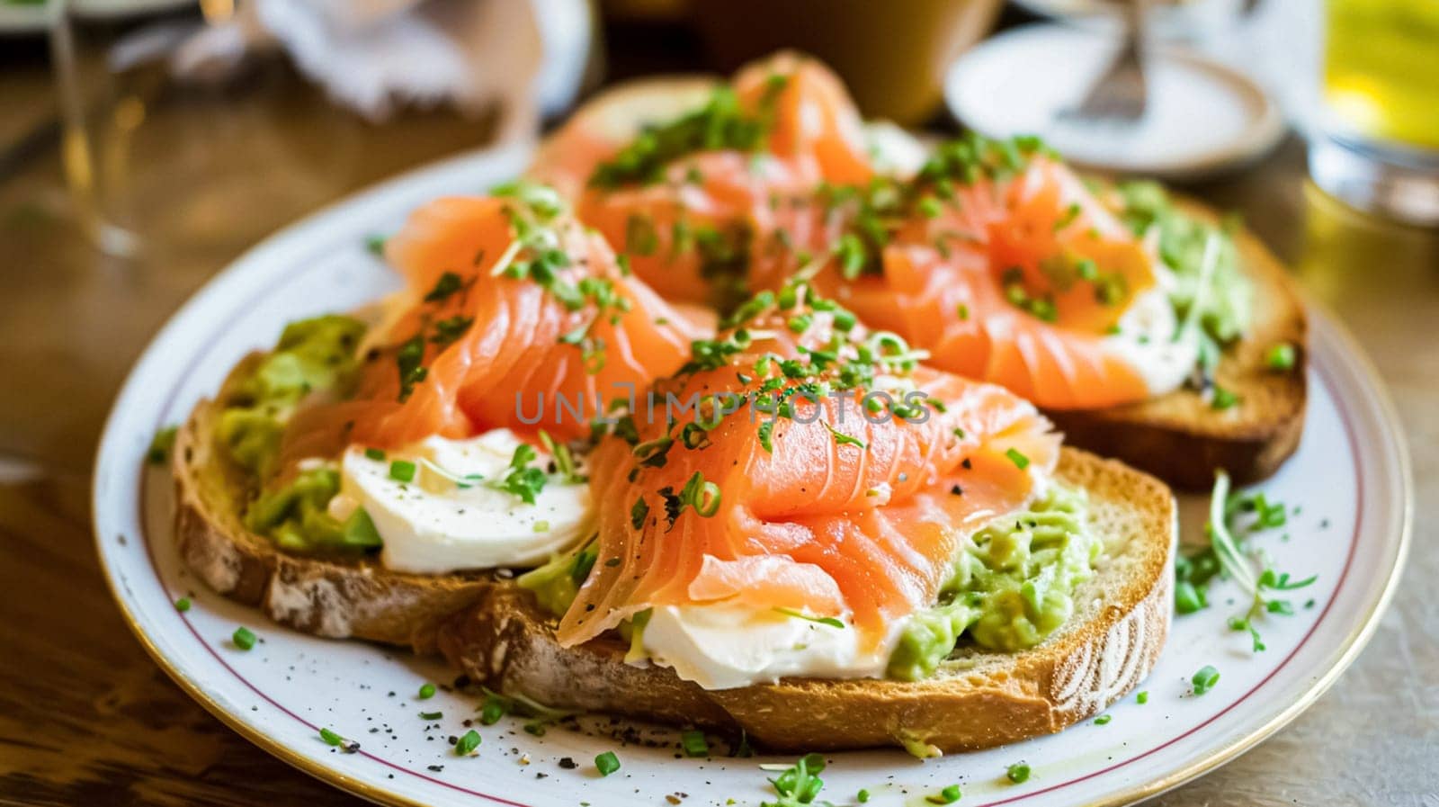 Avocado toast with smoked salmon for breakfast, homemade cuisine and traditional food, country life by Anneleven