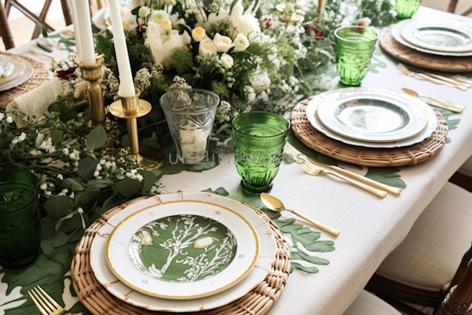 Green and white table decor, holiday tablescape and dinner table setting, formal event decoration for wedding, family celebration, English country and home styling inspiration