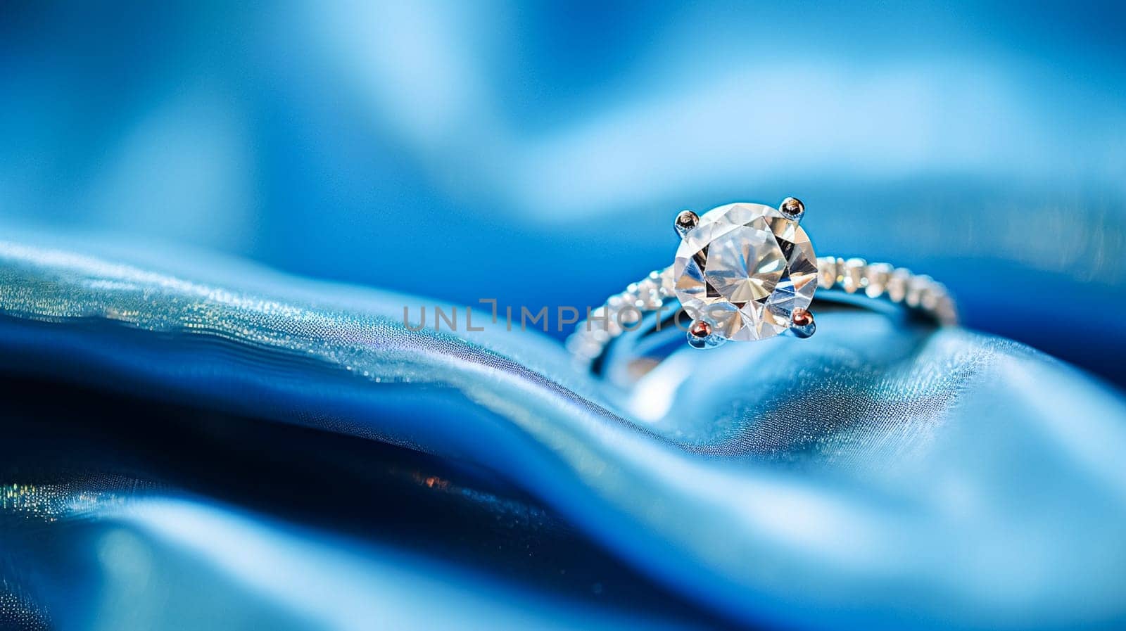 Jewellery, proposal and holiday gift, diamond engagement ring on blue silk fabric, symbol of love, romance and commitment inspiration