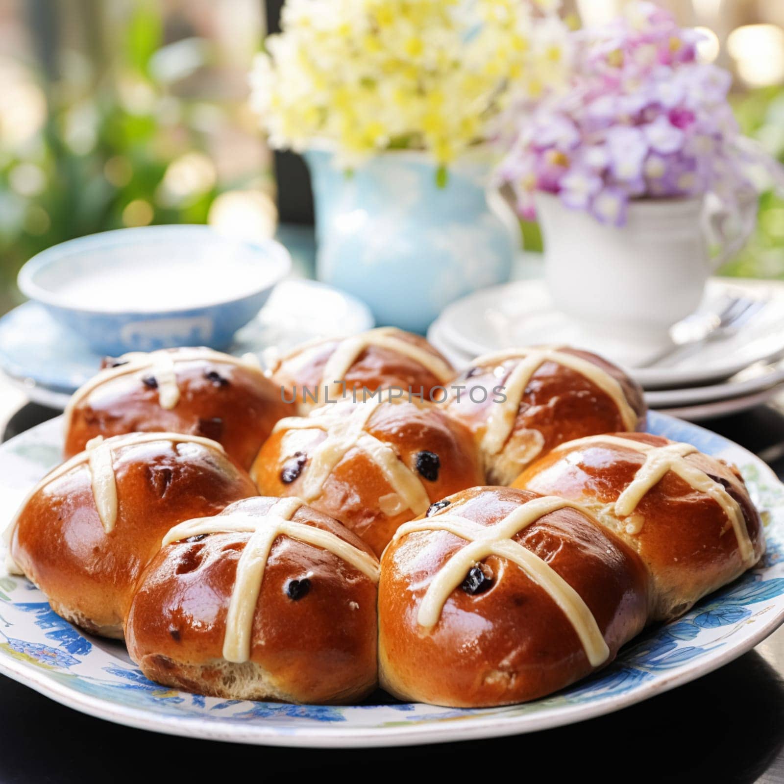 Hot cross buns in English country cottage, Good Friday, religious holiday and british cuisine recipe inspiration
