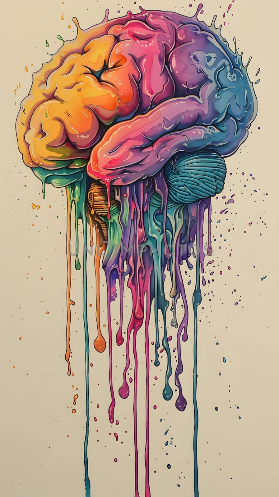 Brain painting with colorful paint drips in shades of purple, pink, and magenta by Nadtochiy