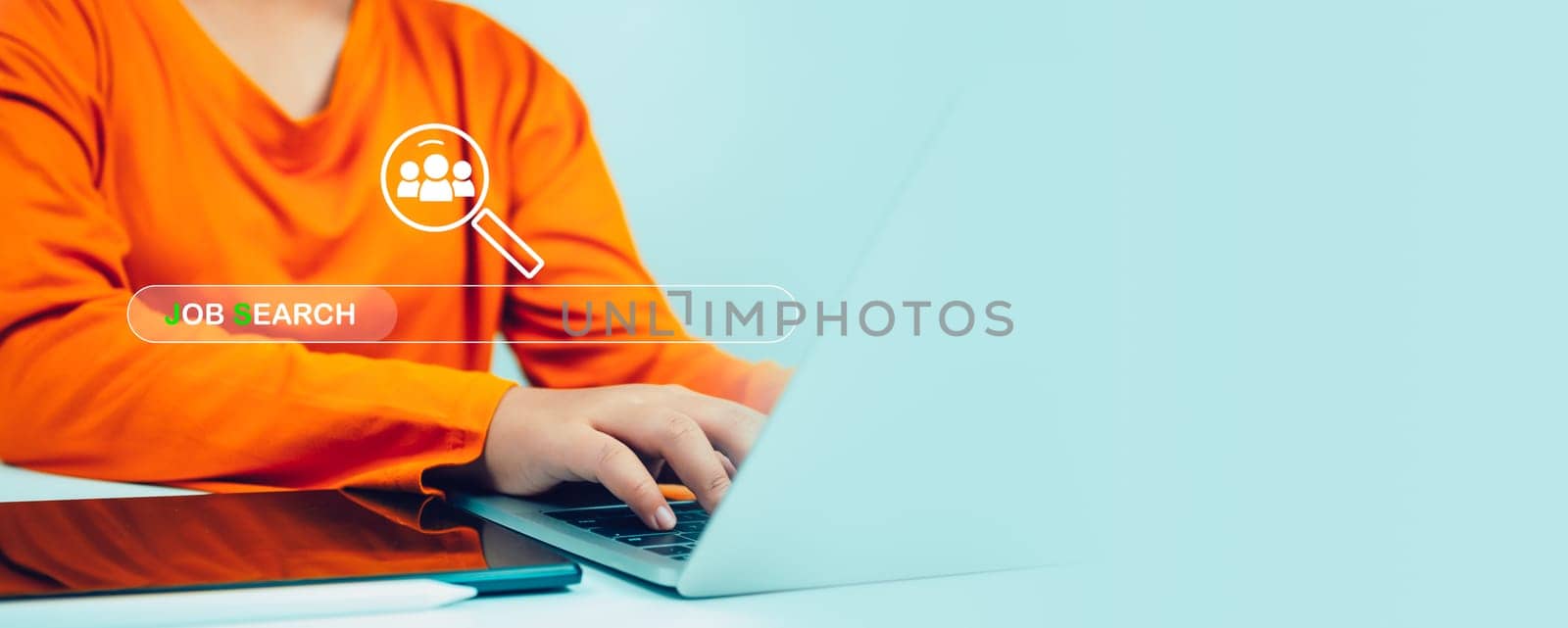 Human using computer laptop to job search on online internet, applying for a job concept, job search concept, find your career, recruitment concept. by Unimages2527
