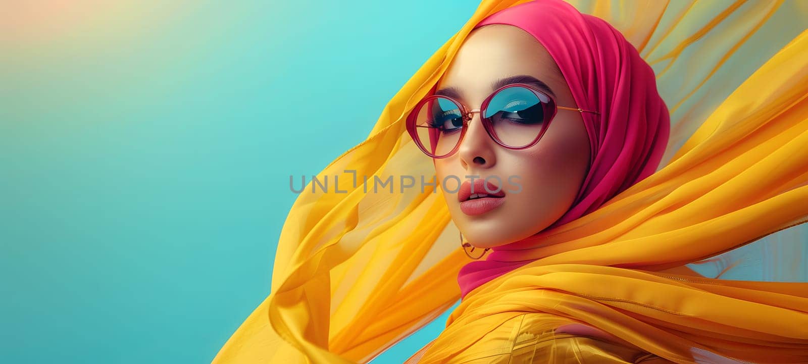 A woman with a magenta hijab and sunglasses covering her face is smiling and wrapped in a yellow scarf