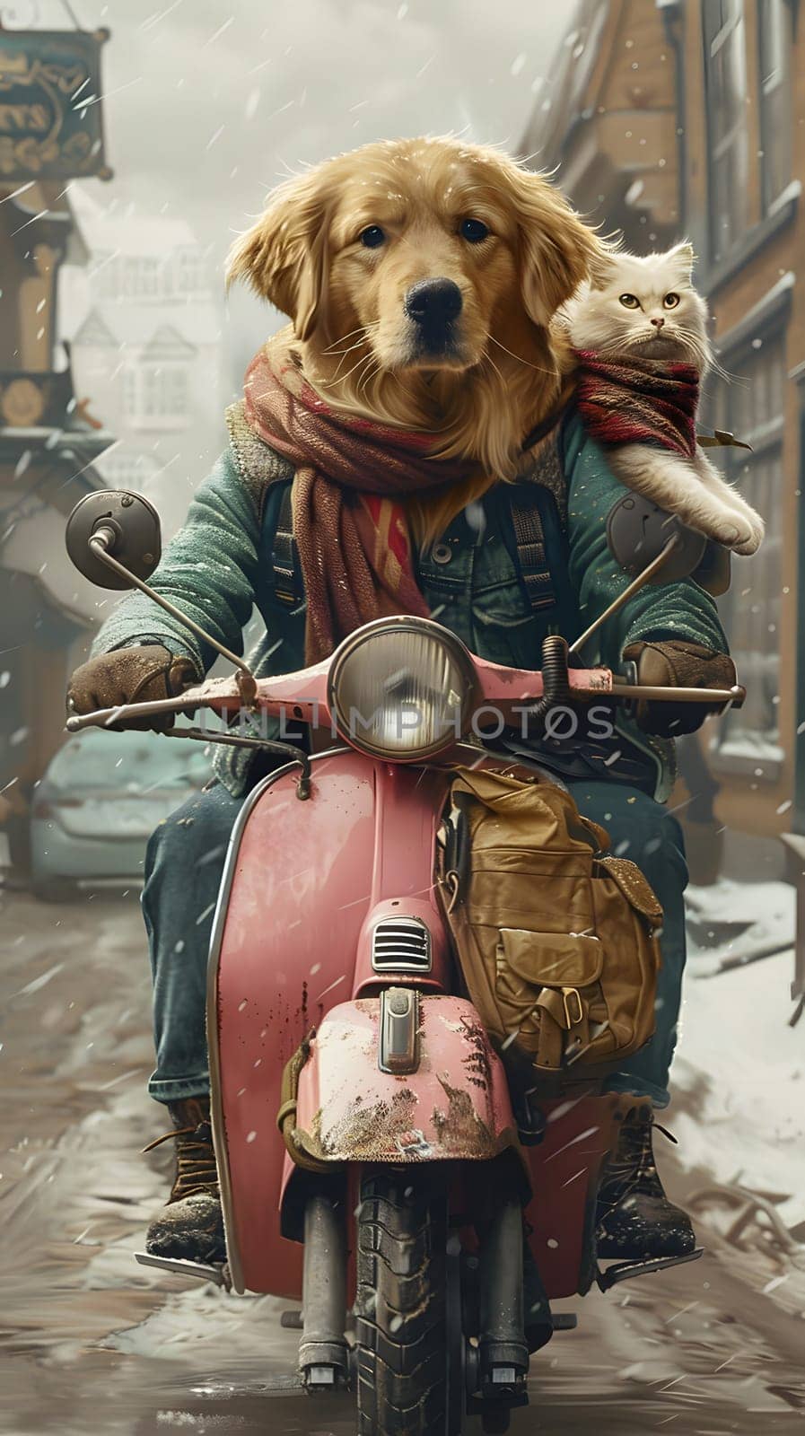 Dog and cat riding scooter together, with cat on dogs back by Nadtochiy