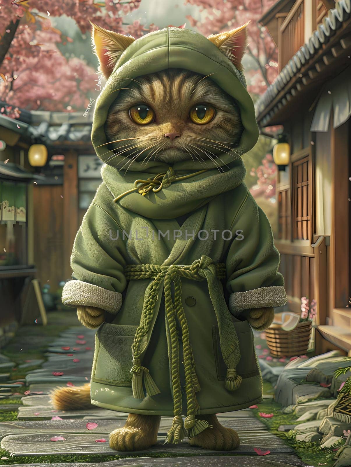A Felidae cartoon character wearing a green robe and hood, with whiskers and a snout. This small to mediumsized terrestrial animal is a fictional character in a building