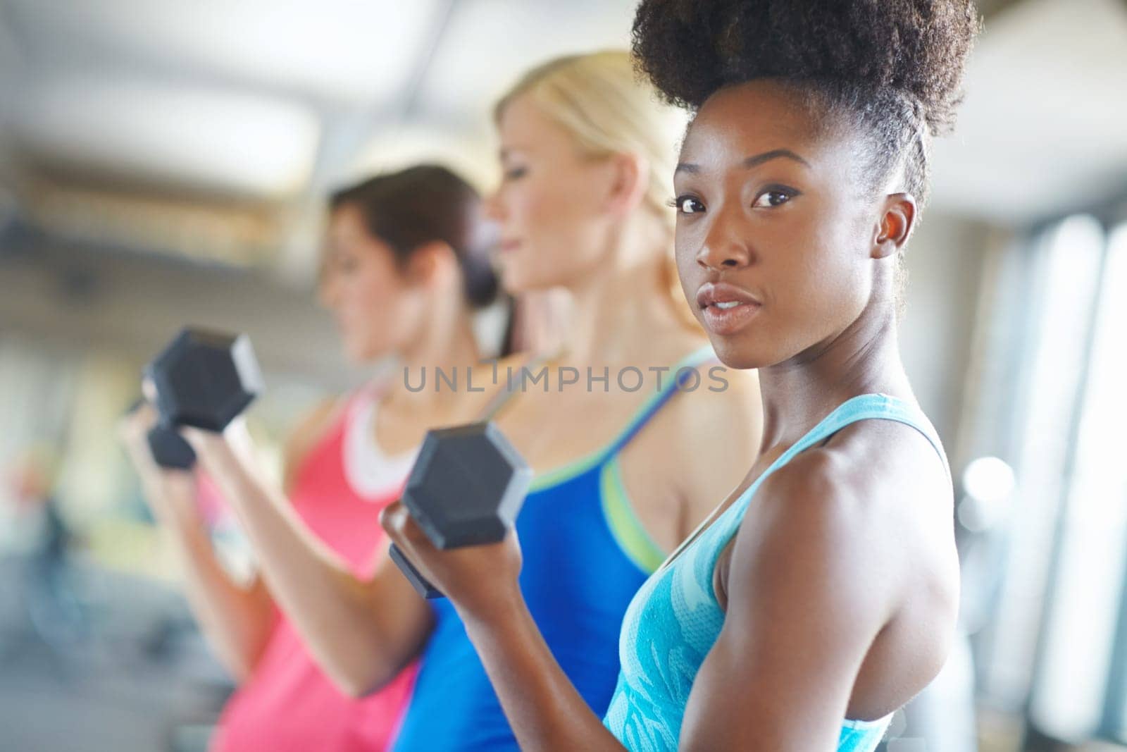 Black woman, portrait gym and workout with dumbbell for muscle, strong body and training class. African athlete, exercise and weightlifting in wellness club with fitness, healthy friends and energy.
