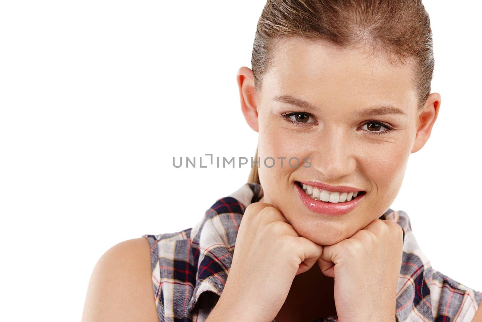 Happy, beauty and portrait of girl in studio for makeup, wellness and natural glowing skin on white background. Smile, face and gen z model with cosmetics, shine and treatment results satisfaction.