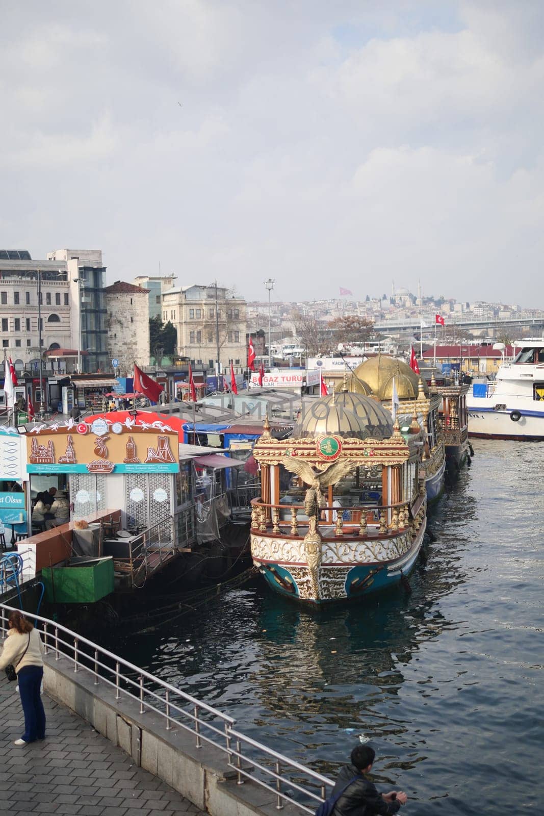 Turkey istanbul 16 july 2023. historical boats that sell fish in Istanbul.