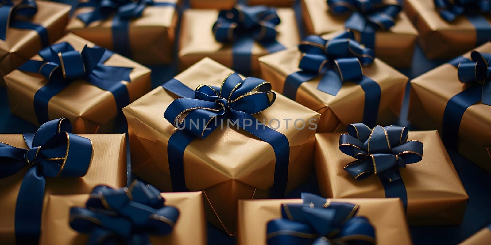A collection of gifts wrapped in brown paper and adorned with electric blue bows, perfect for any event. Each package is a delightful combination of wood, rectangle shapes, and fashionable accessories