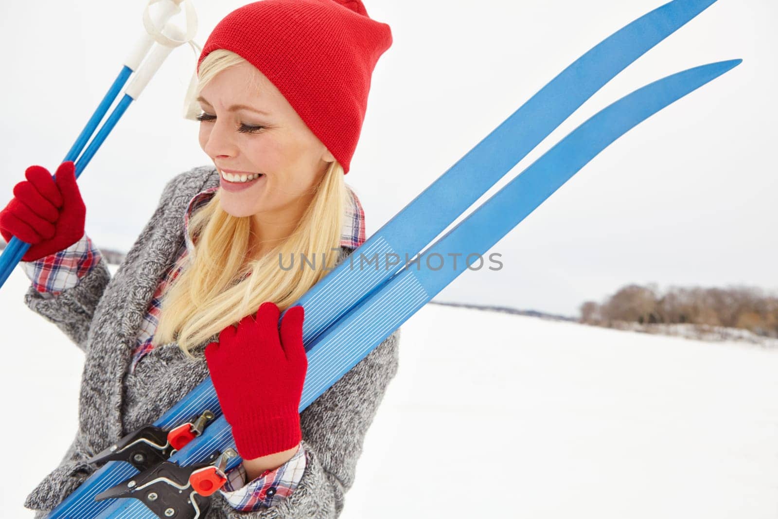 Woman, thinking and happy on holiday with ski board for alpine adventure, fun and exploring snowy wilderness. Girl, equipment and outdoor on winter vacation in Michigan for getaway and travel tour. by YuriArcurs