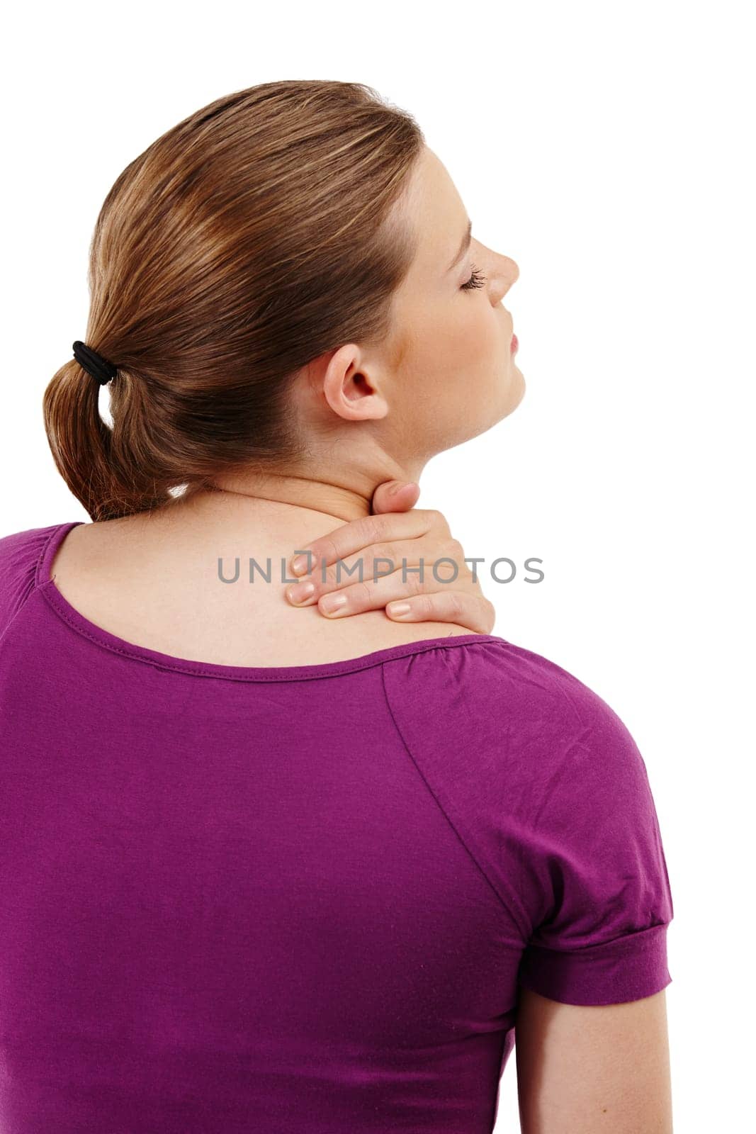 Neck pain, stress and girl in studio with anatomy, emergency and joint inflammation on white background. Shoulder, injury or gen z student with burnout risk, muscle or bone crisis, ache and disaster.
