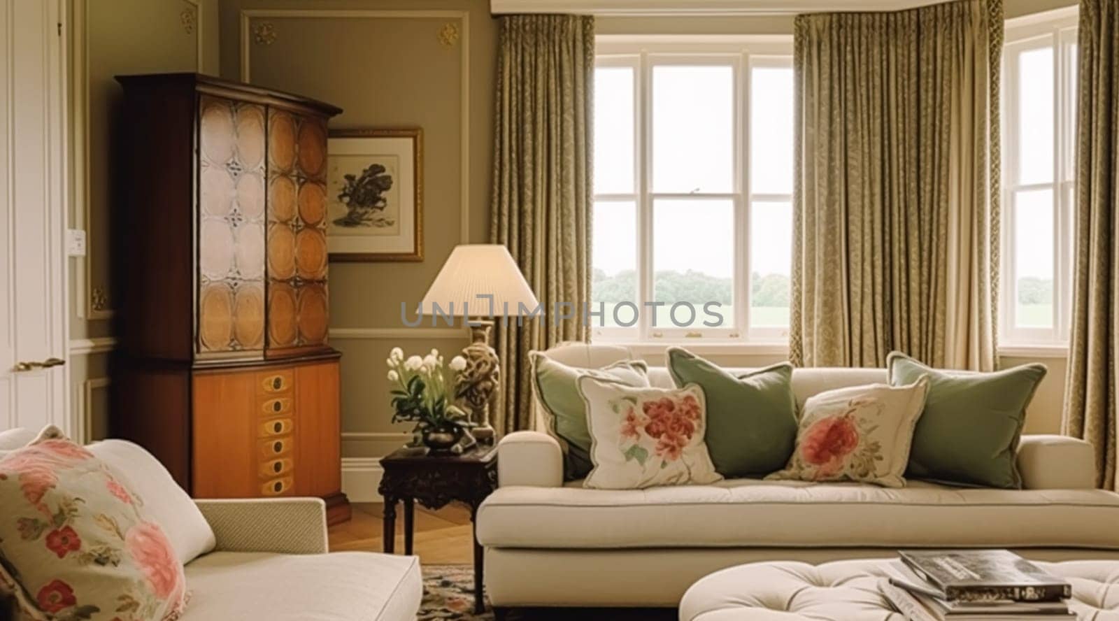 Interior design, living room decor and house improvement, antique furniture, sofa, home decor and textiles, country cottage lounge style, post-processed, generative ai