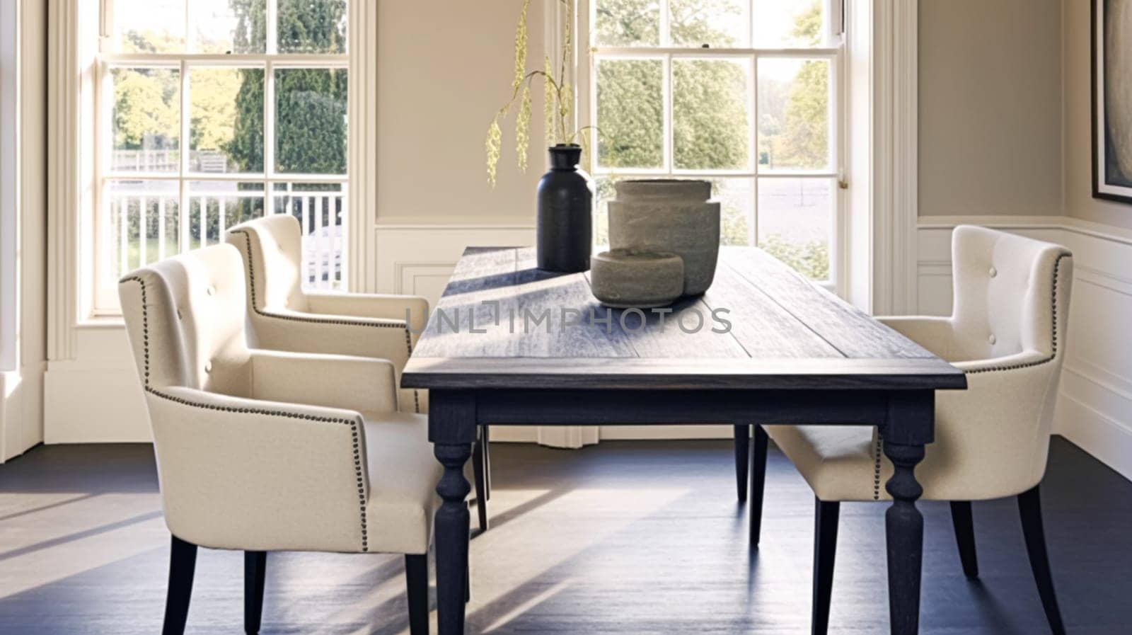 Modern cottage dining room decor, interior design and country house furniture, home decor, black table and white chairs, English countryside style interiors