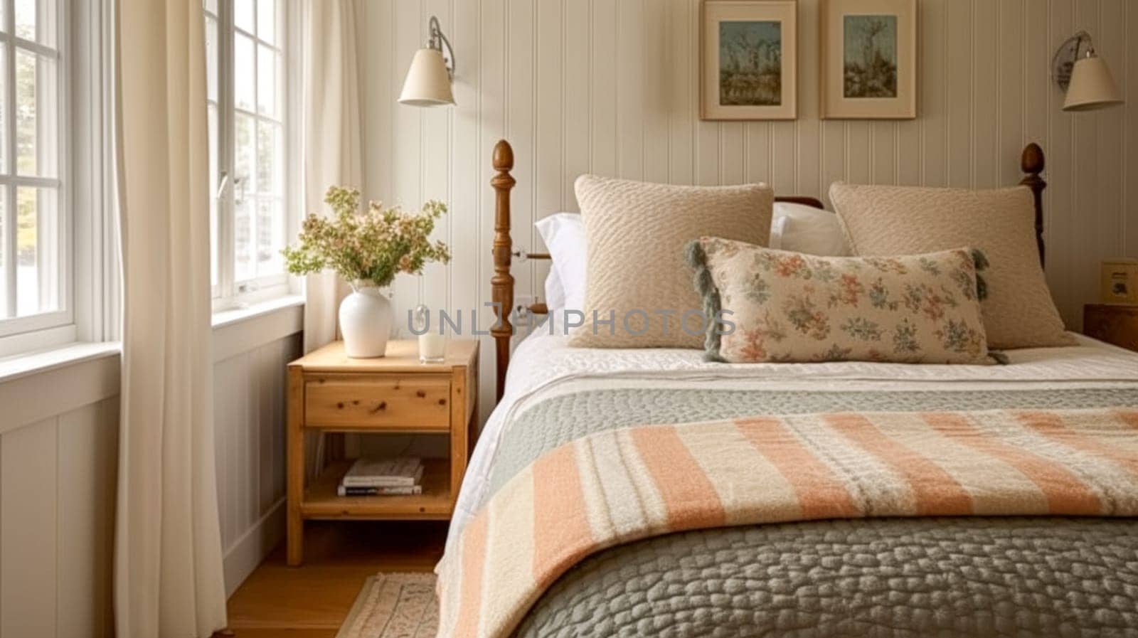 Farmhouse bedroom decor, interior design and home decor, bed with country bedding and furniture, English countryside house, holiday rental and cottage style inspiration