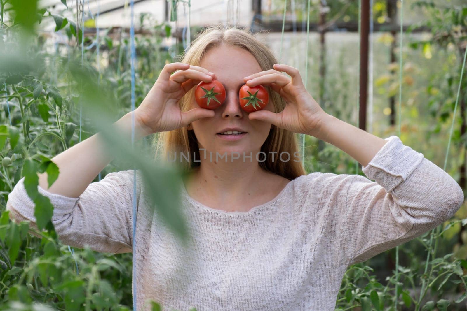 Happy blonde woman holding red tomatoes over eyes in hothouse. Female farmer having fun in green garden while harvesting seasonal organic ripe vegetables. Locally grown concept