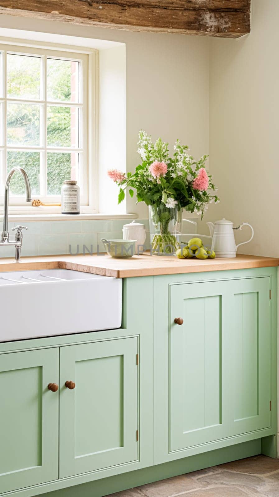 Mint cottage kitchen interior design, home decor and house improvement, English in frame kitchen cabinets in a country house by Anneleven