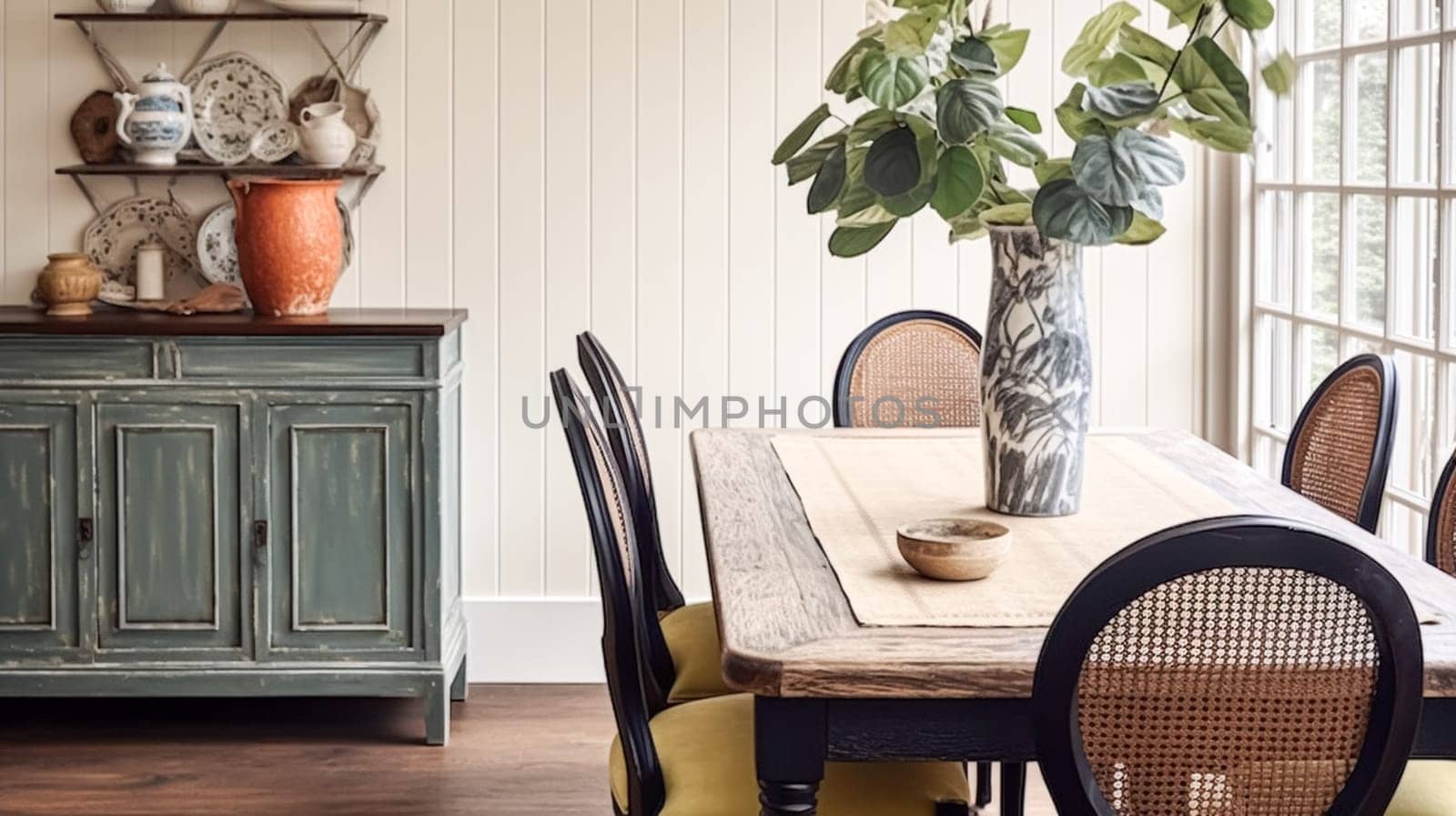 Wooden cottage dining room decor, interior design and country house furniture, home decor, table and chairs, English countryside style by Anneleven