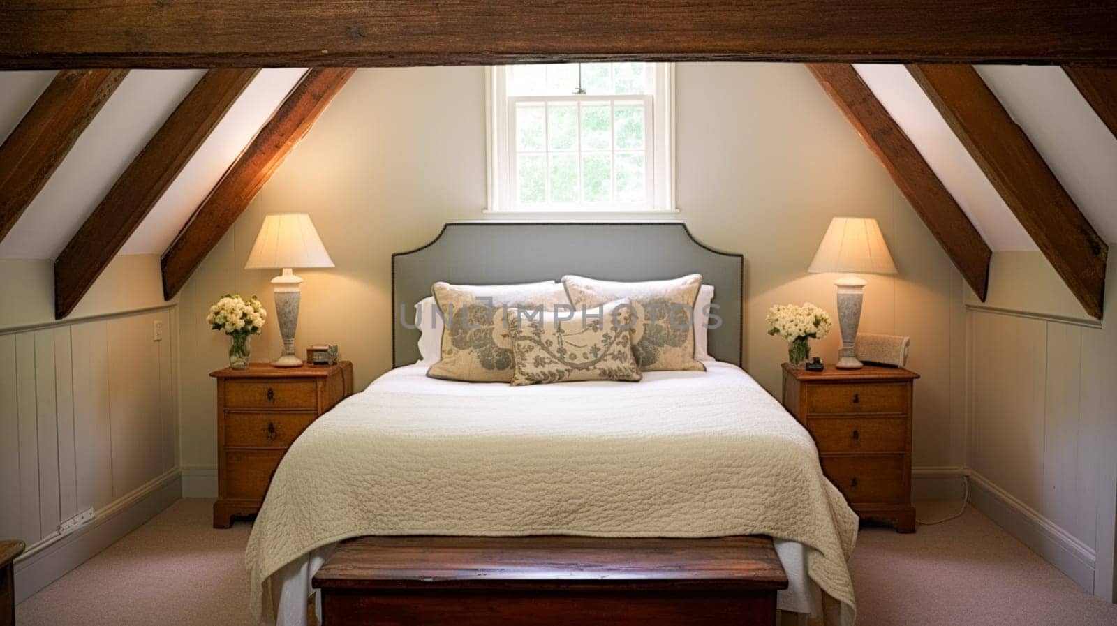 Farmhouse bedroom decor, interior design and home decor, bed with elegant bedding and bespoke furniture, English country house, holiday rental and cottage style inspiration