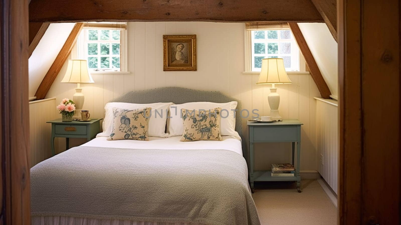 Farmhouse bedroom decor, interior design and home decor, bed with elegant bedding and bespoke furniture, English country house, holiday rental and cottage style inspiration