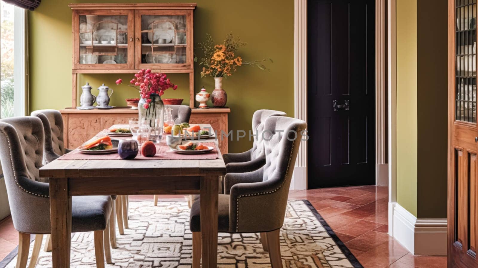 Elegant cottage dining room decor, interior design and country house furniture, home decor, table and chairs, English countryside style interiors
