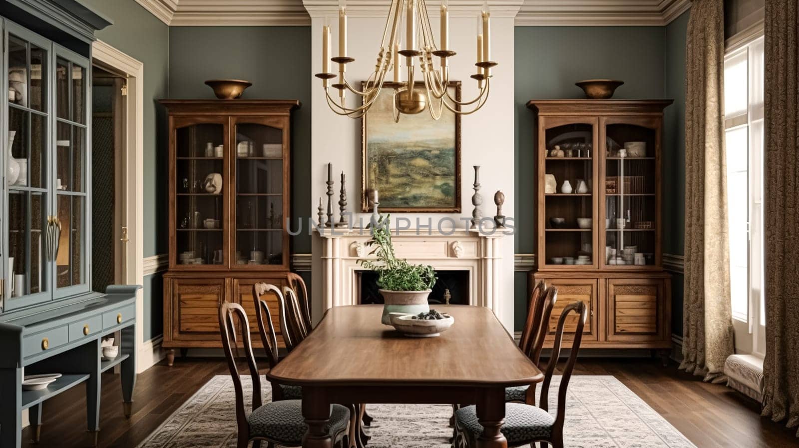Cottage dining room decor, interior design and dark wood country house furniture, home decor, table and chairs, English countryside style interiors