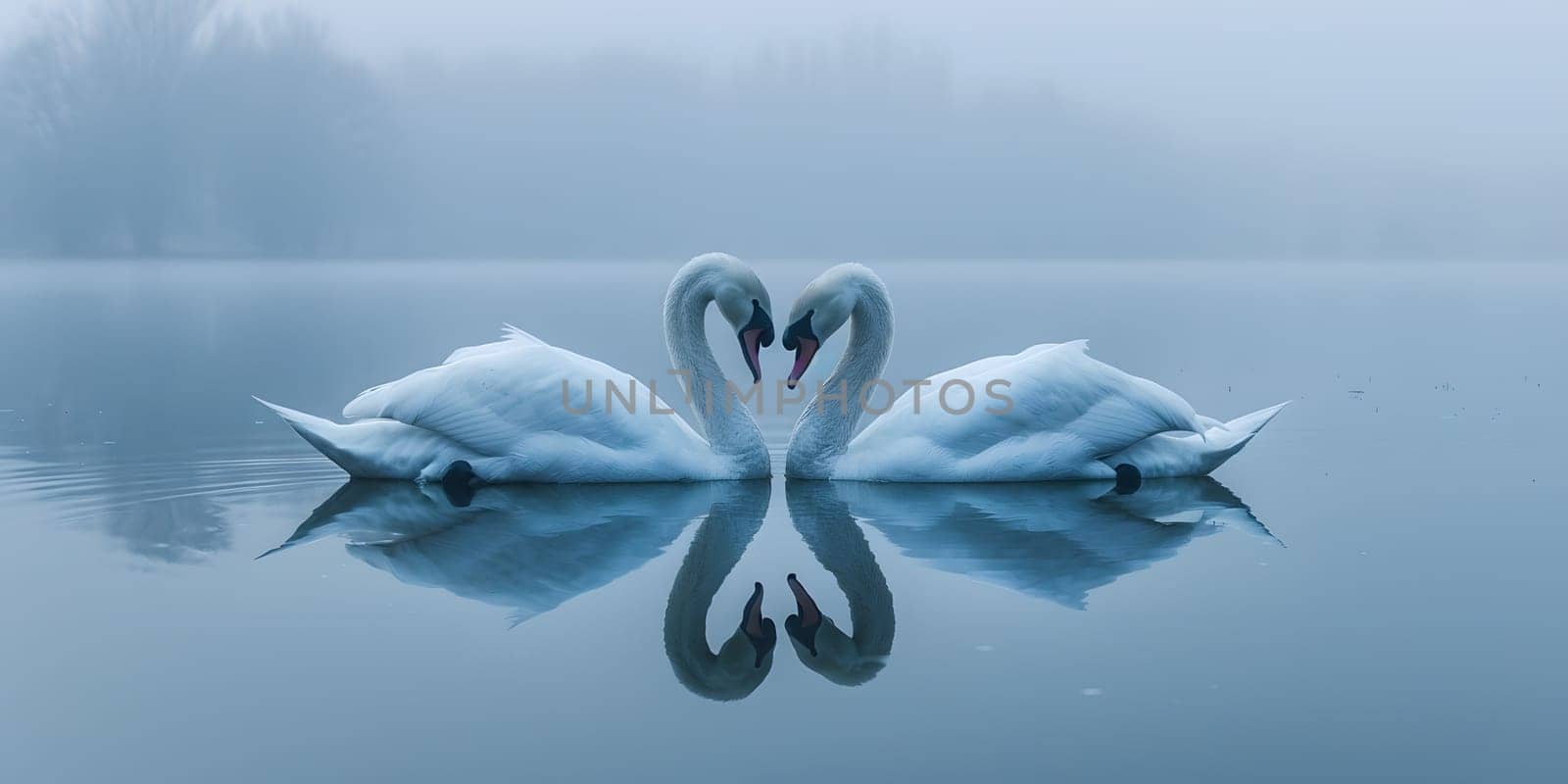 Two swans on a lake creating a heart shape with their necks, displaying a beautiful gesture of love and symmetry in the water