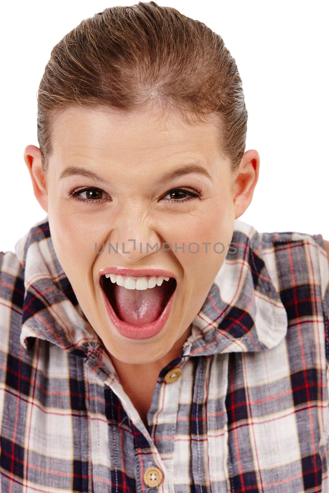 Studio, surprise and girl in portrait with face, shock or mind blown with gossip news. Scream, female model and excited reaction for announcement, promotion or competition prize on white background by YuriArcurs