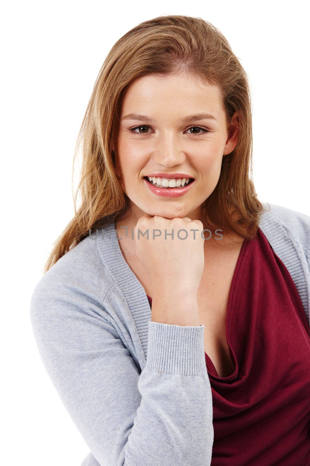 Happy woman, portrait and confidence with fashion in ambition or positive mindset on a white studio background. Face of young female person with smile or hand on chin for style, beauty or makeup.