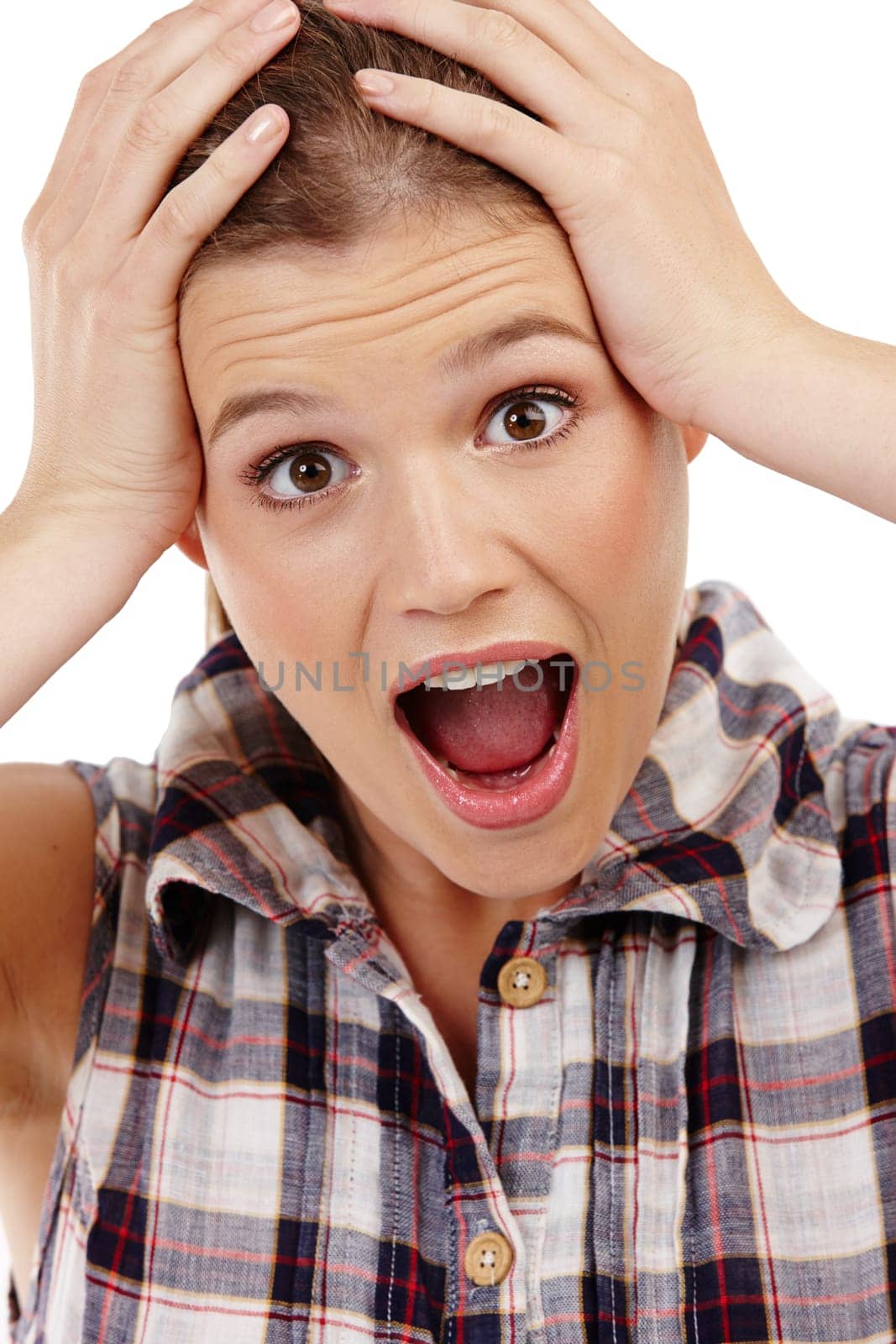 Studio, surprised and girl in portrait with face, shock or mind blown with gossip news. Happy, female model and wow reaction for announcement, promotion or competition prize on white background.