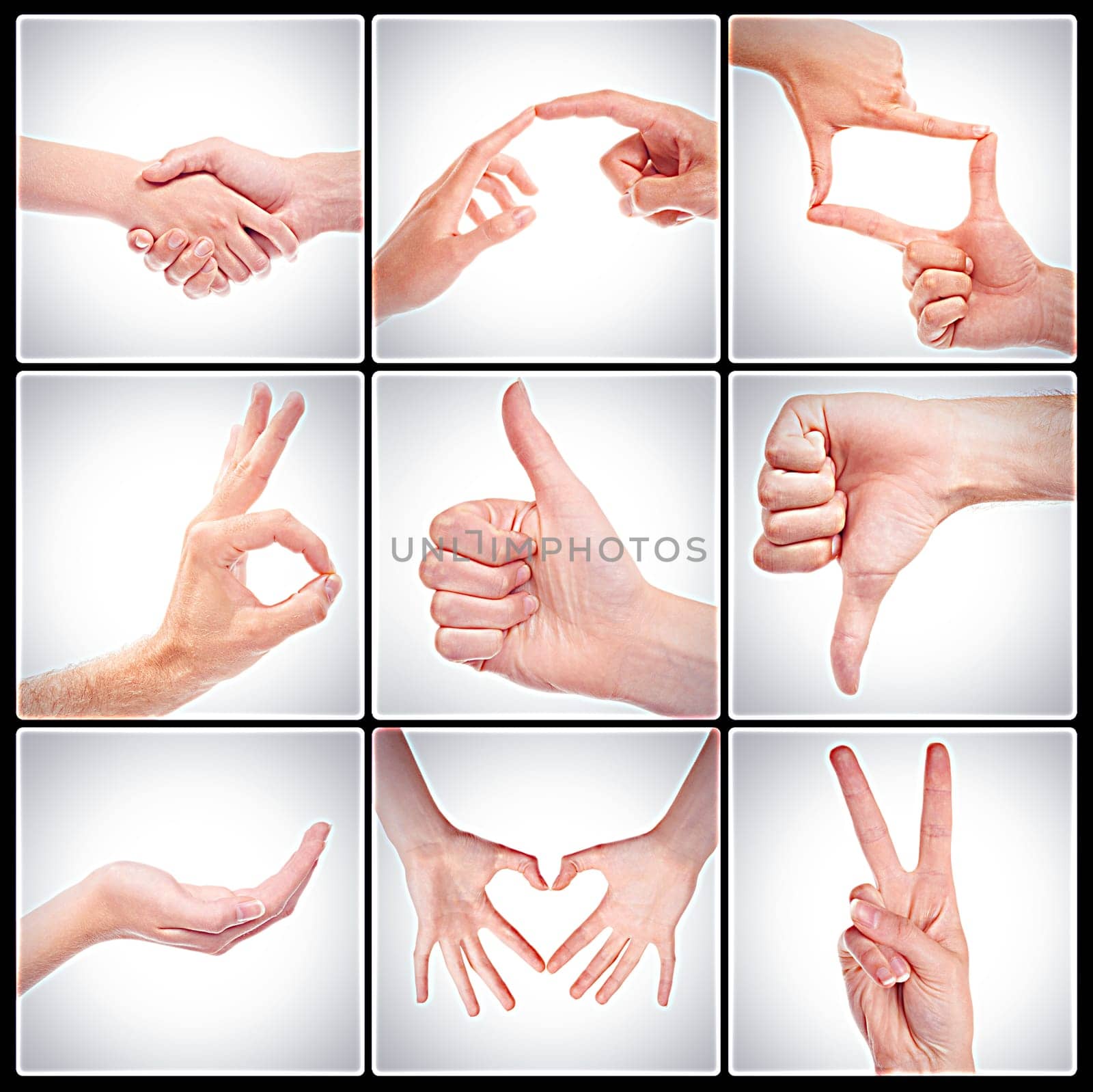 Collage of happy, hand symbols and emoji for sign language, ideas and communication for clarity in studio. People, handshake and finger and pointing for conversation, exclamation and expression by YuriArcurs