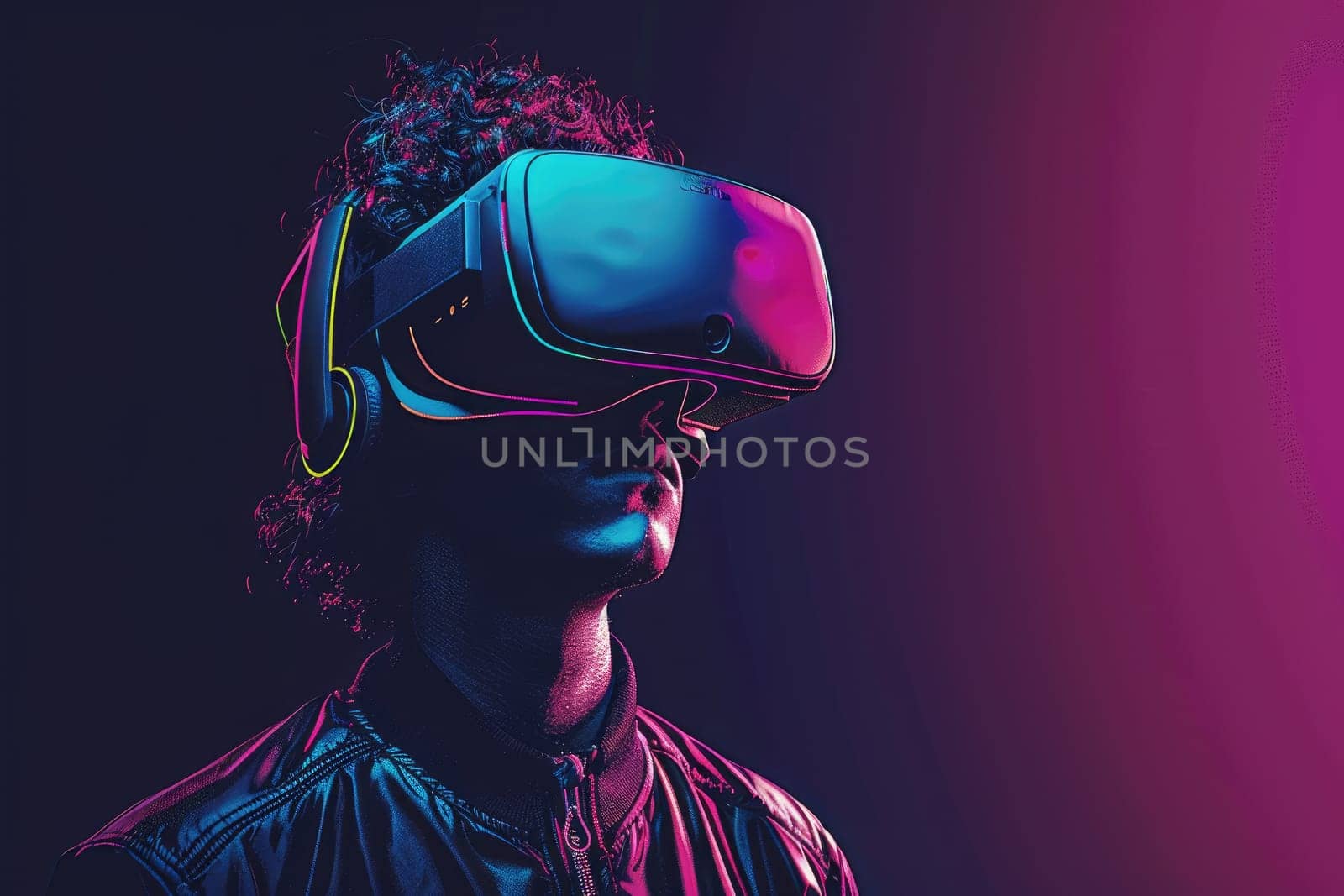 A man wearing a VR headset is standing in front of a vibrant colors background.