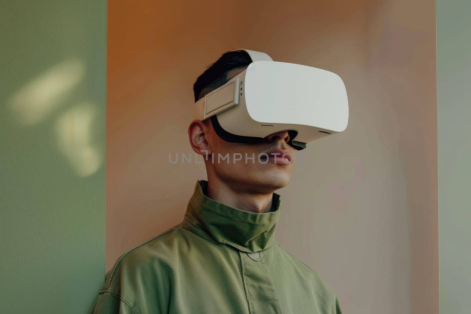 A man wearing a green jacket and a white virtual reality headset.