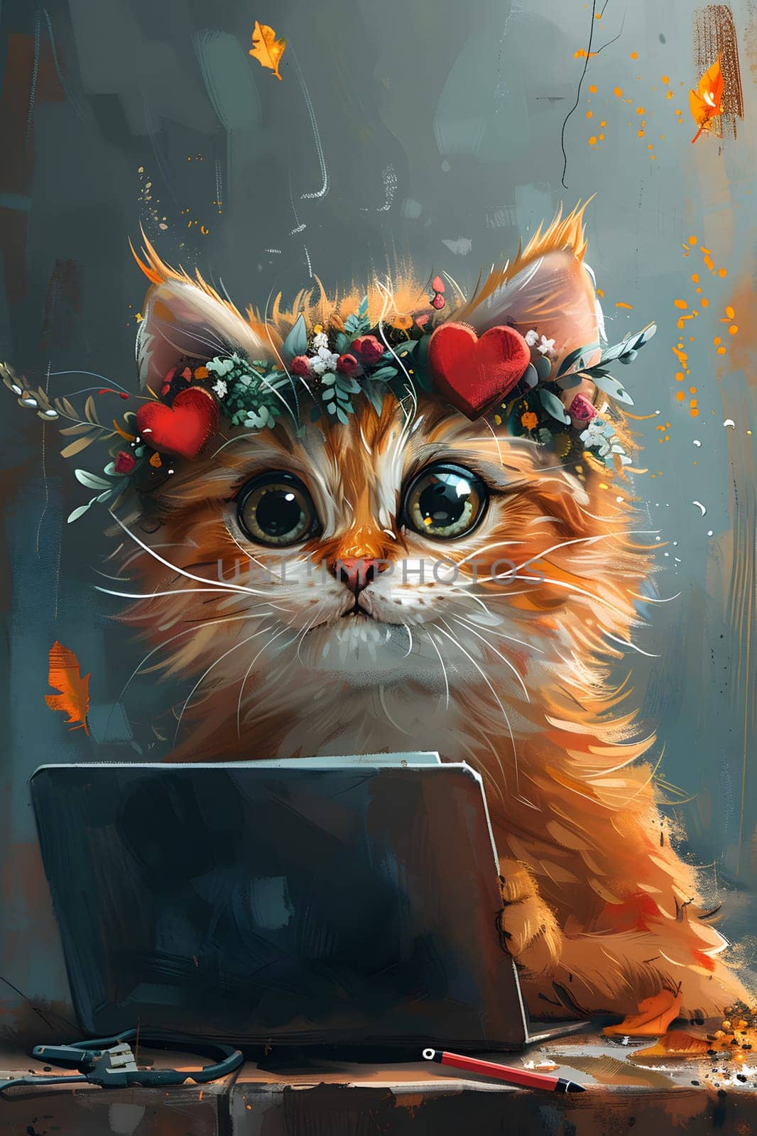 A Felidae wearing a flower crown is sitting in front of a laptop computer, making a cute scene for a painting or art project