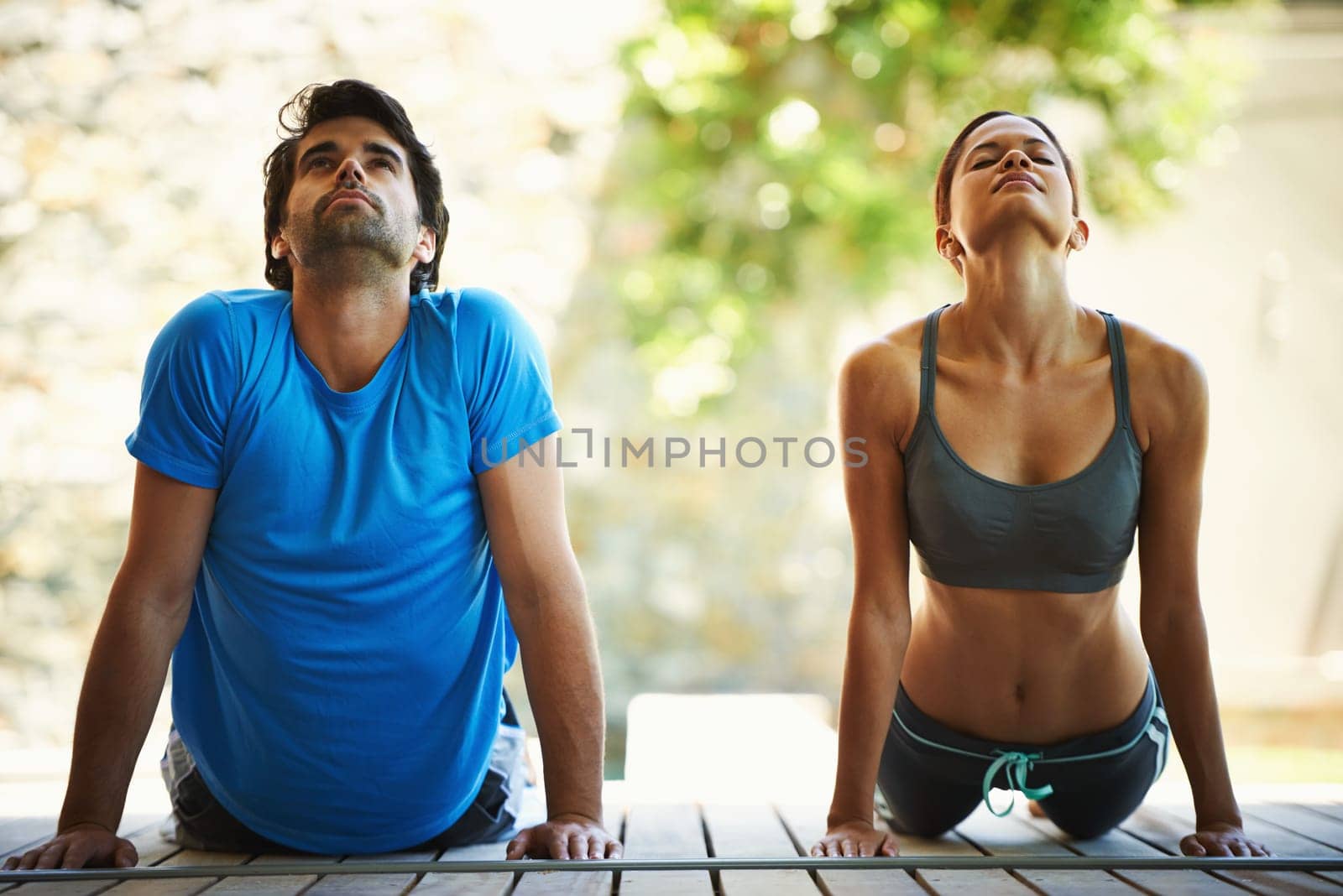 Man, woman and yoga class for meditation, fitness and wellness for health and workout. People, sitting and zen for peace, cobra pose and balance with instructor for holistic energy with home pilates.