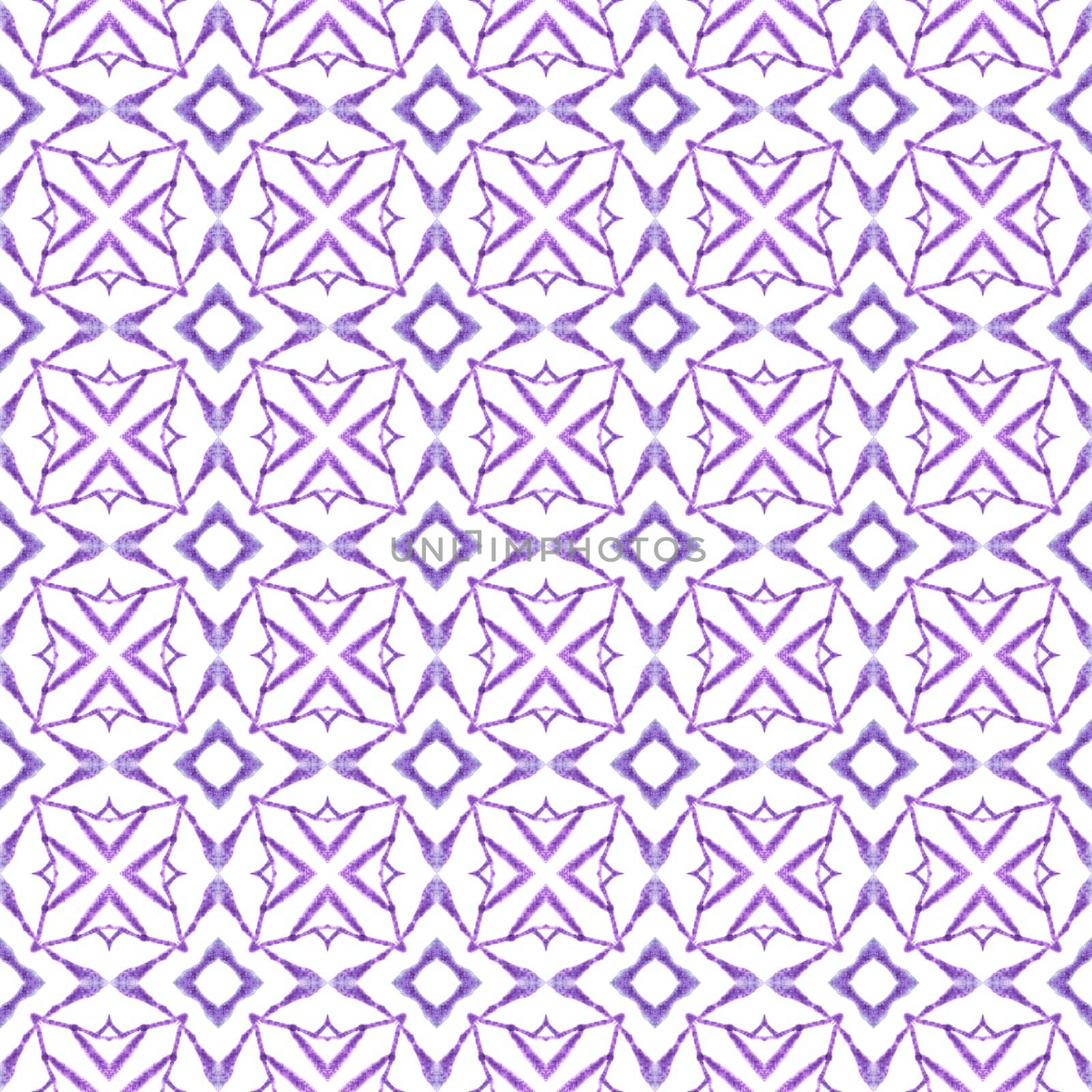 Textile ready ecstatic print, swimwear fabric, wallpaper, wrapping. Purple lively boho chic summer design. Ikat repeating swimwear design. Watercolor ikat repeating tile border.