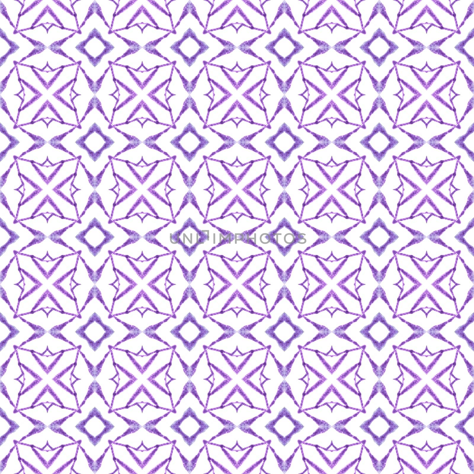 Textile ready ecstatic print, swimwear fabric, wallpaper, wrapping. Purple lively boho chic summer design. Ikat repeating swimwear design. Watercolor ikat repeating tile border.