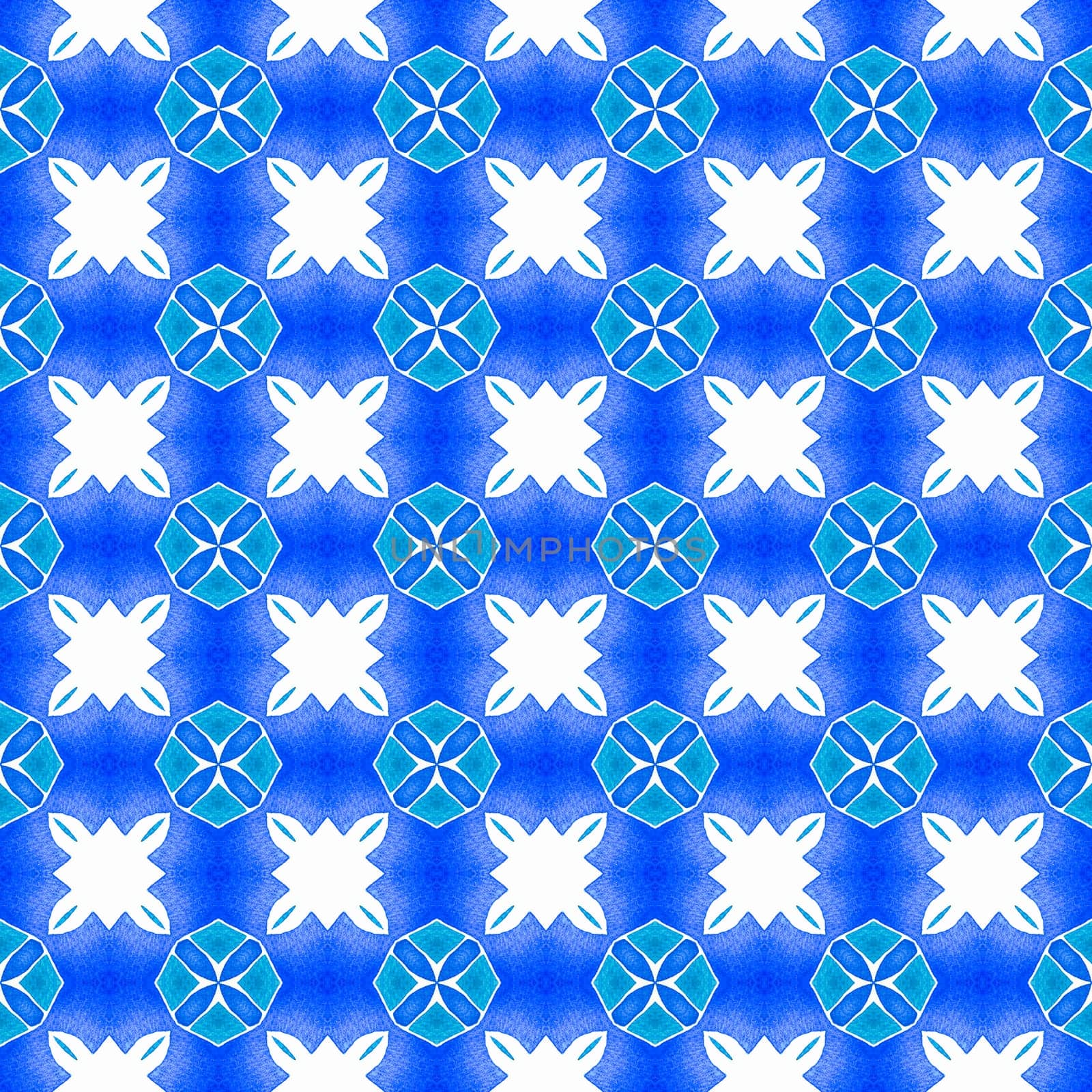 Watercolor ikat repeating tile border. Blue fascinating boho chic summer design. Ikat repeating swimwear design. Textile ready cool print, swimwear fabric, wallpaper, wrapping.