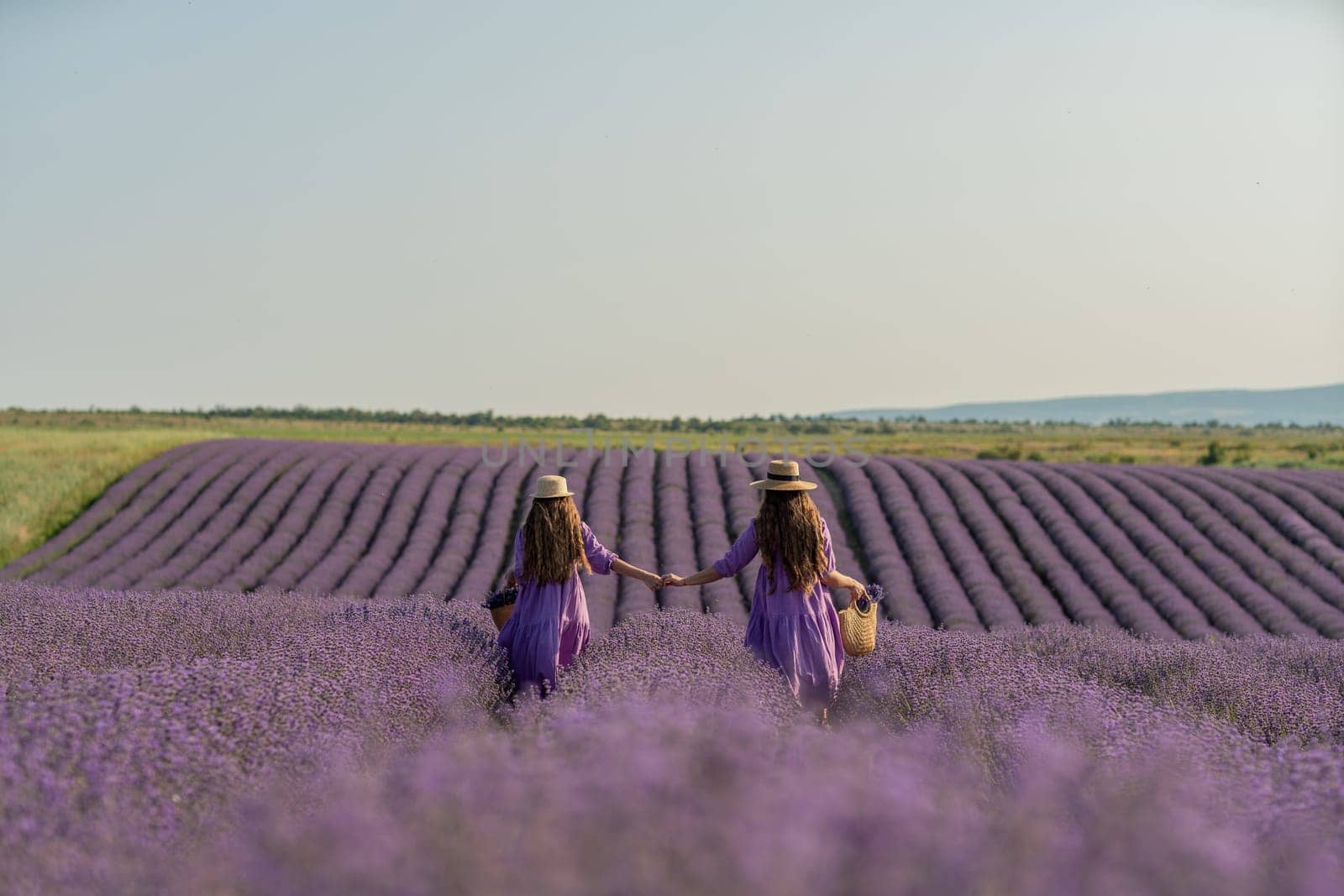 Mom and daughter are running through a lavender field dressed in purple dresses, long hair flowing and wearing hats. The field is full of purple flowers and the sky is clear