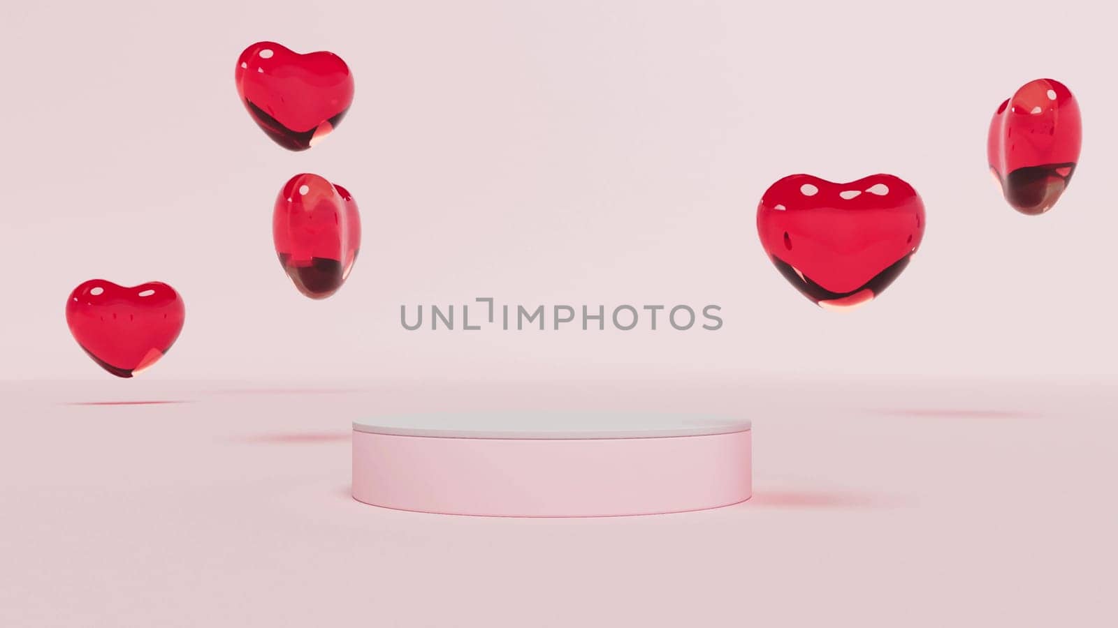 Empty podium red glass hearts branding product presentation on Valentine's day Mock up scene 3d render by Zozulinskyi